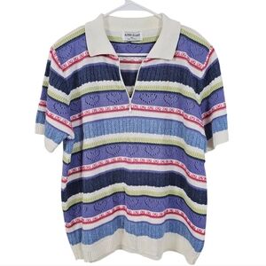 Alfred Dunner Vintage Knit Heart Striped Quarter Zip Short Sleeve Sweater
